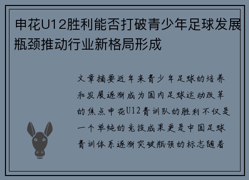 申花U12胜利能否打破青少年足球发展瓶颈推动行业新格局形成